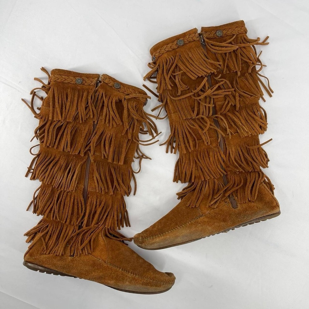 Minnetonka Boho Suede Leather Fringe Moccasin Boots Mid Calf Western Retro 11